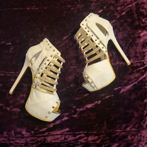 Gold & White Peep Toe Heels
